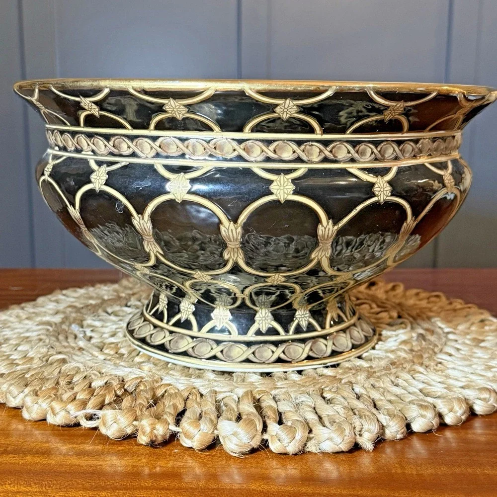 Asian Footed Pedestal Bowl Black & Gold Hand Painted Geometric Planter 12.5